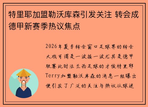 特里耶加盟勒沃库森引发关注 转会成德甲新赛季热议焦点